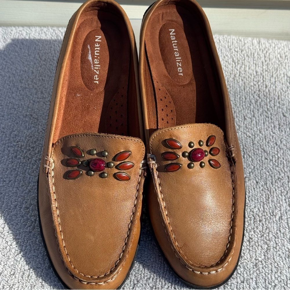 Naturalizer Brown Leather Mule Loafers Beaded Slip-On Size 6.5